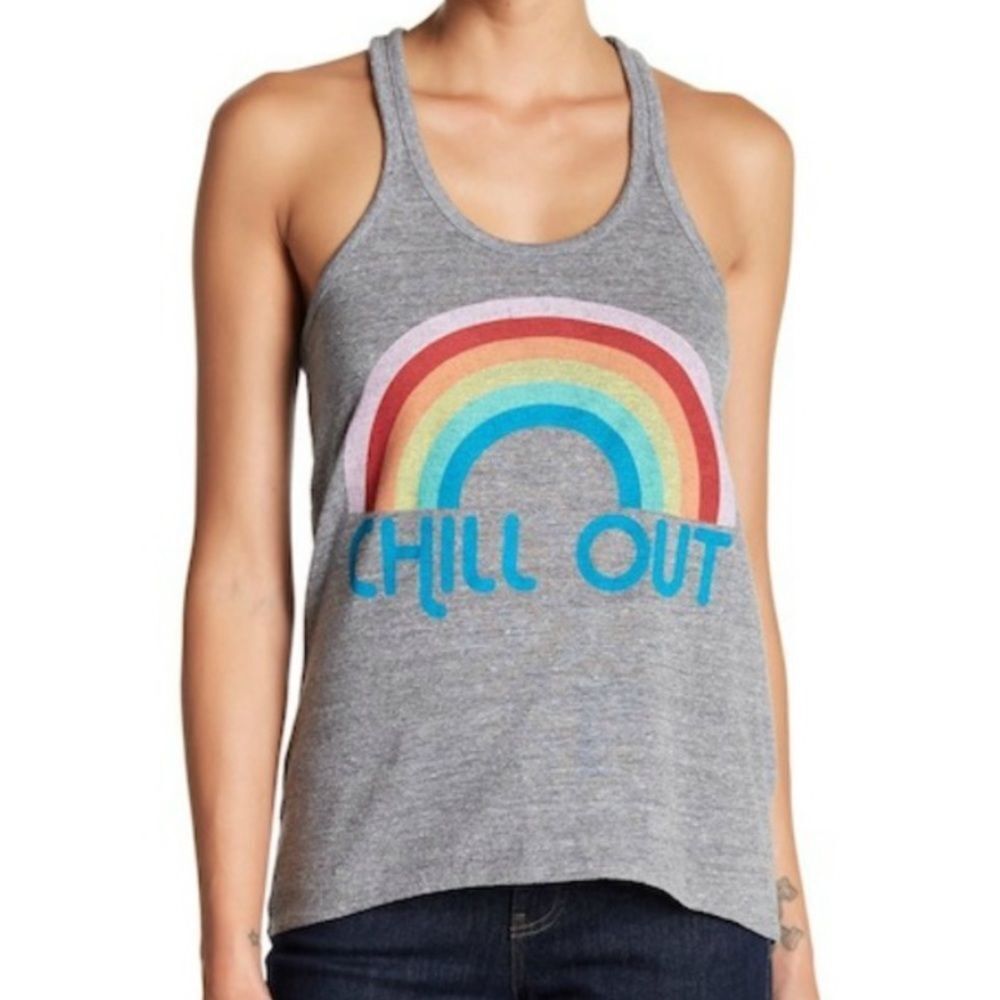 NWT Chaser Scoop-neck Chill Out Rainbow Retro Tank Top in Grey / Gray Medium - Picture 7 of 7